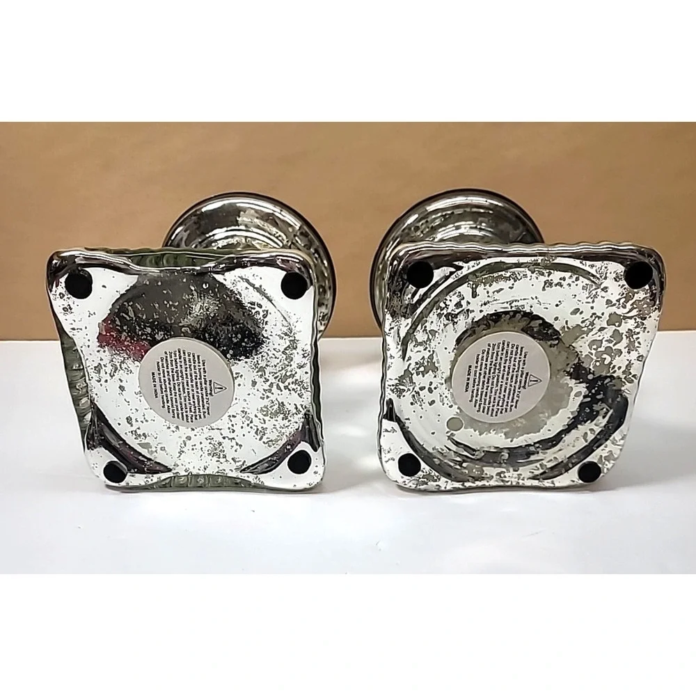 Pair Of Mercury Glass‎ Pillar Candle Holders 7.25” Tall-Square Base